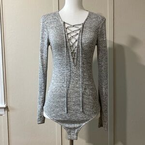 Forever 21 Gray V-Neck Lace-up Bodysuit, Size Small